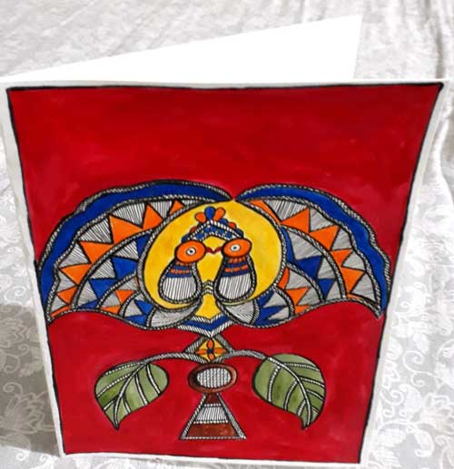 Madhubani twin bird painting greeting card